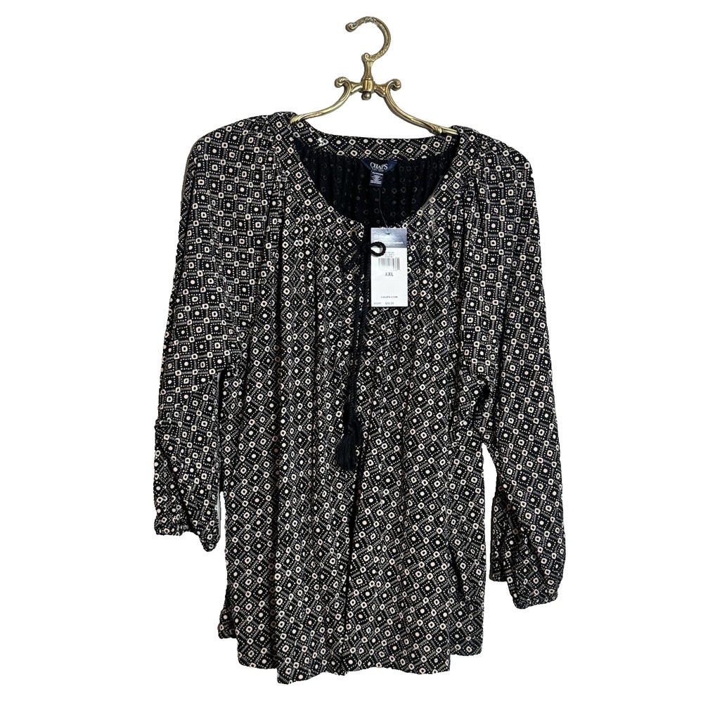 CHAPS Peasant Blouse Ranch Side 3/4 Long Sleeve Tassel XXL NEW